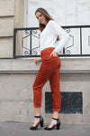 Pantalon Taille Haute en Velours Côtelé Marron Orange