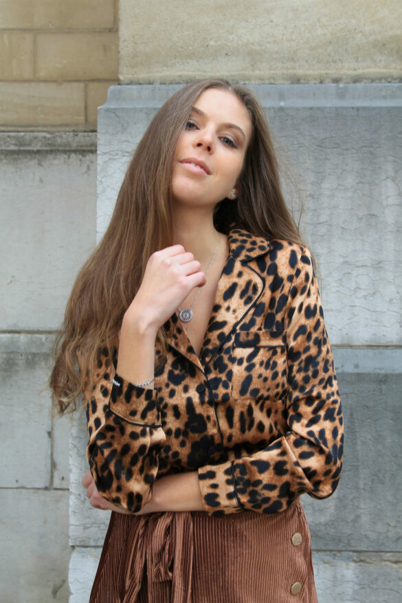Blouse Chemisier Style Pyjama Satin Imprimé Léopard