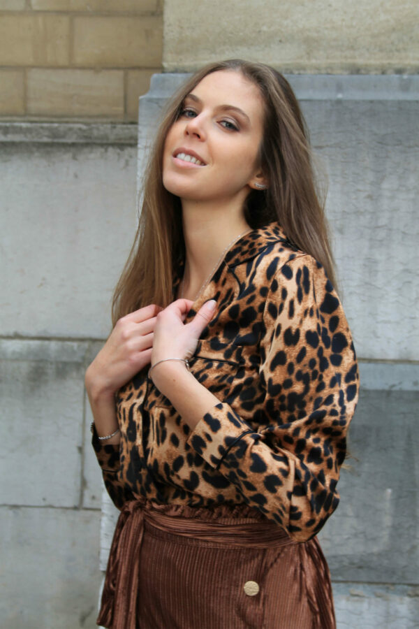 Blouse Chemisier Style Pyjama Satin Imprimé Léopard