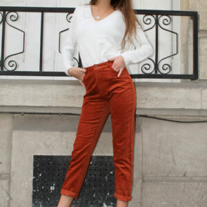 Pantalon Taille Haute en Velours Côtelé Marron Orange