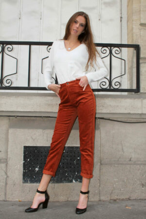 Pantalon Taille Haute en Velours Côtelé Marron Orange