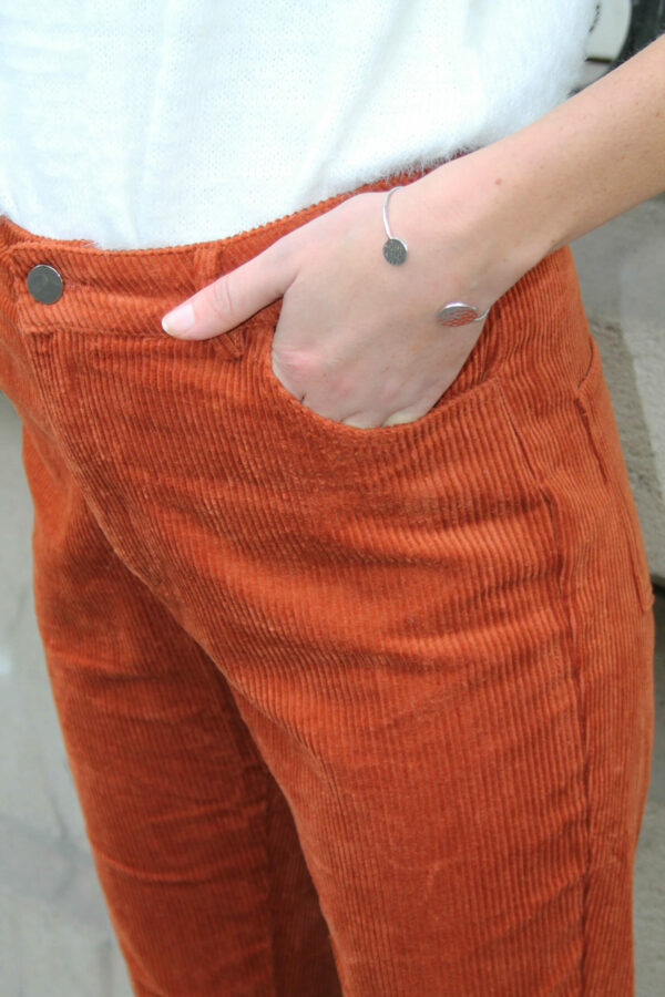 Pantalon Taille Haute en Velours Côtelé Marron Orange