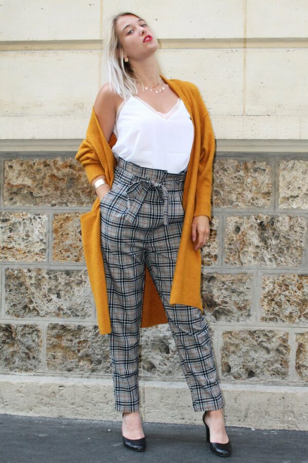 Absolème pantalon taille haute gris à carreaux pour femmes