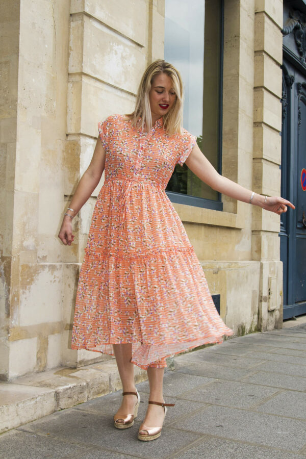 Absolème robe longue bohème orange corail motif fleurs
