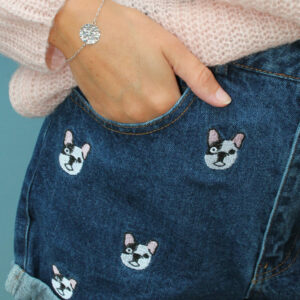 Short en Jean Taille Haute avec Broderies Chien