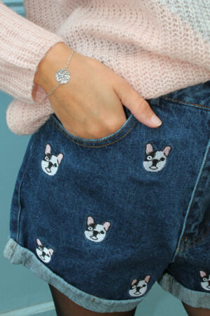 Short en Jean Taille Haute avec Broderies Chien