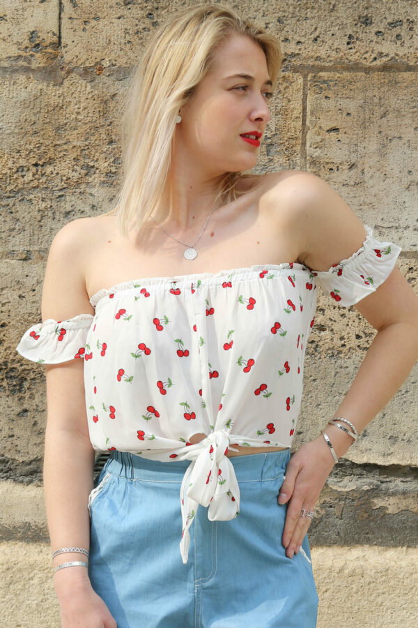 Absolème top court tendance épaules dénudées motif cerise