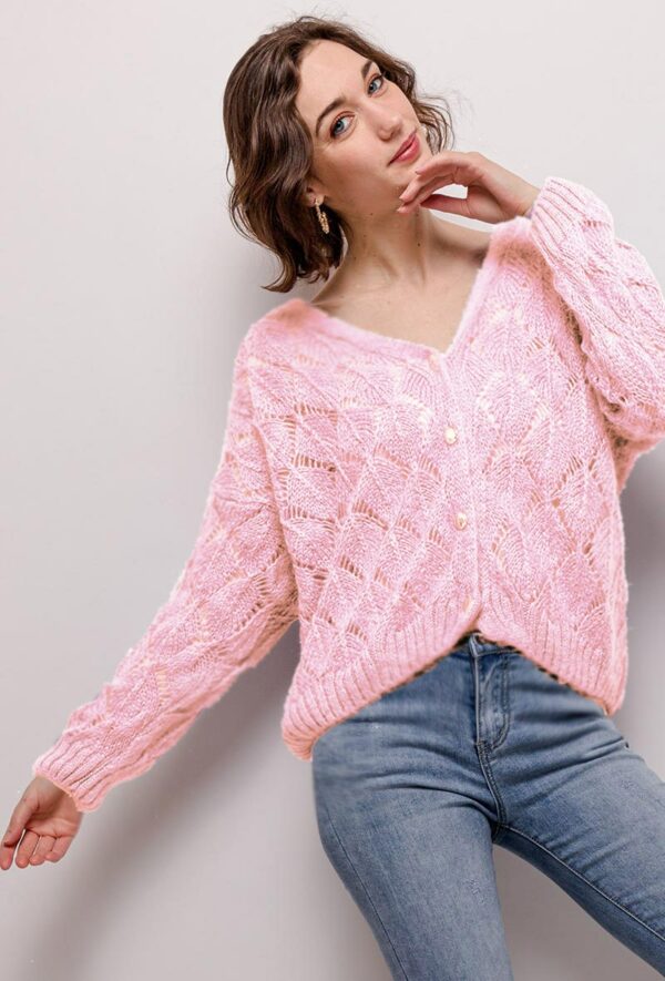 absolème gilet en maille ajourée tendance rose