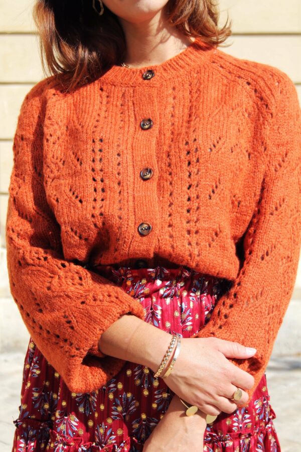 Absolème gilet laine camel en maille ajourée