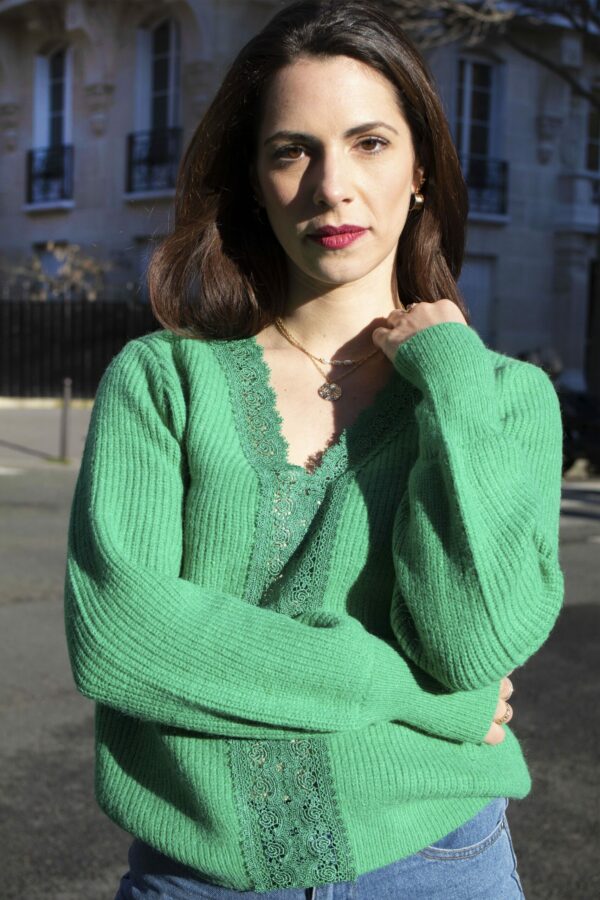 Absolème pull en maille verte et broderies