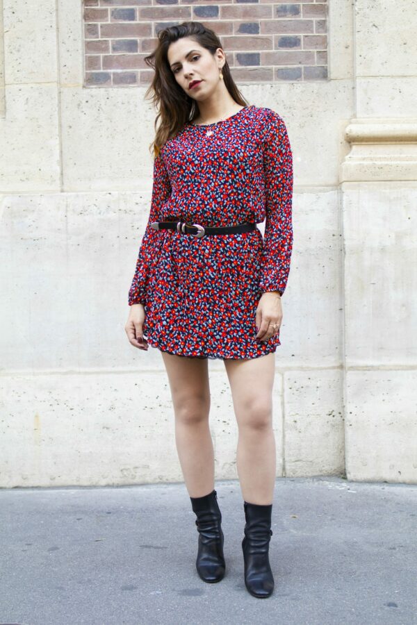 Absolème Robe plissée à motif fleur noir et rouge
