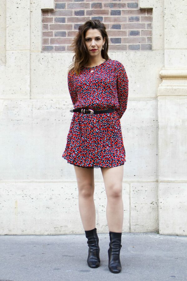 Absolème Robe plissée à motif fleur noir et rouge