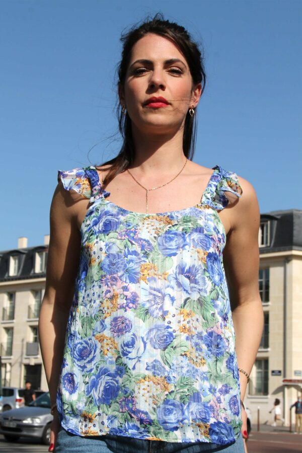 Absolème top dos-nu à motif fleuri bleu