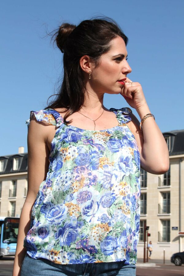 Absolème top dos-nu à motif fleuri bleu