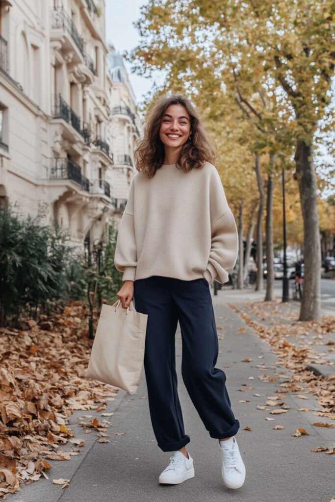 Look casual avec un pantalon bleu marine pour femme