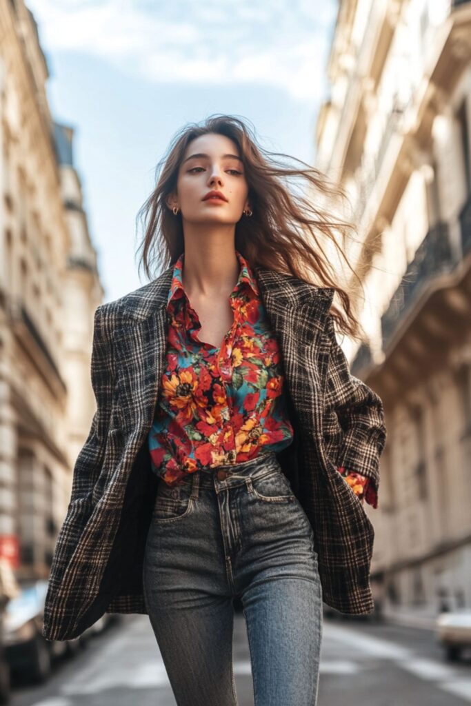 femme avec un blazer vintage
