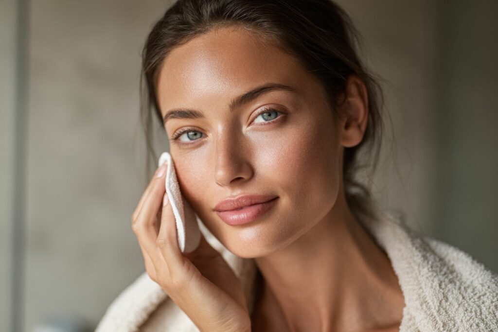 femme utilisant du démaquillant biphasé