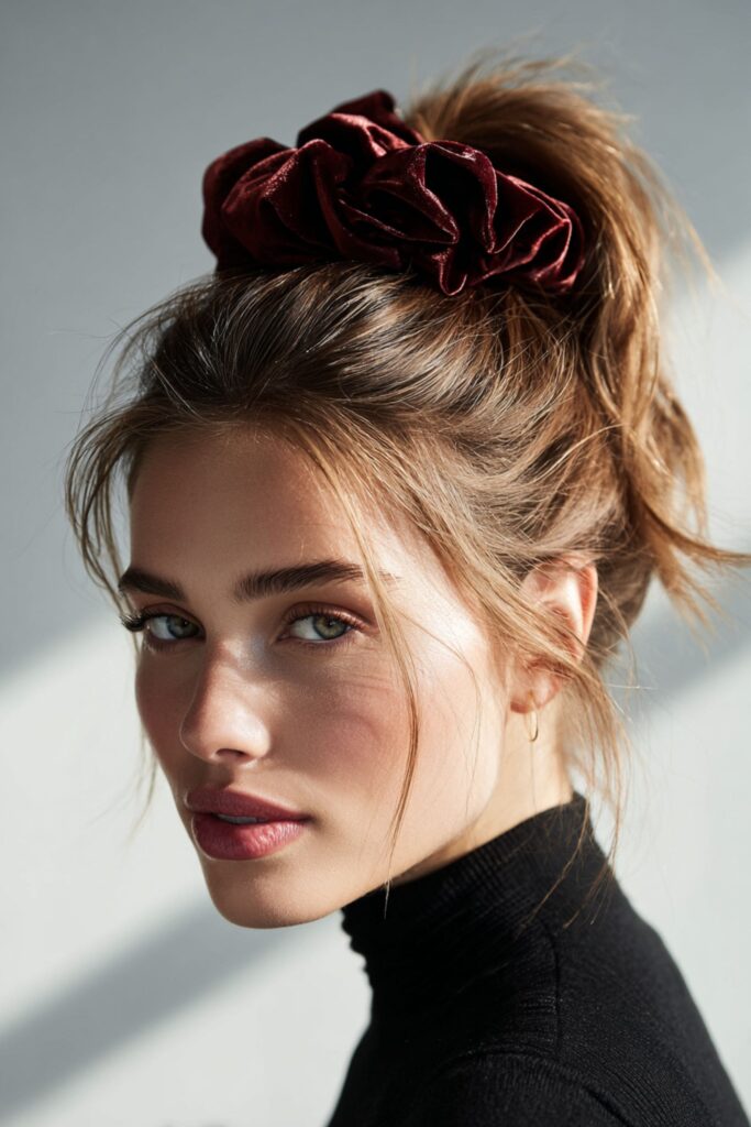 femme avec un chouchou en velours rétro