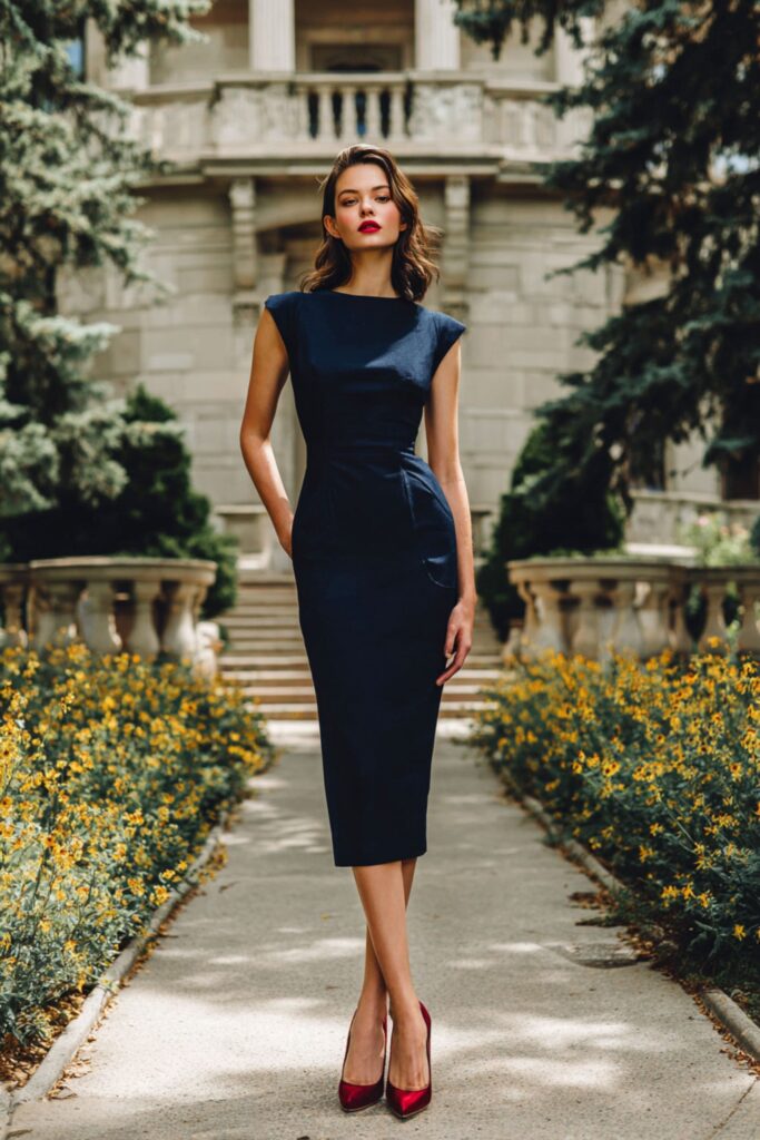 femme élégante portant une robe bleu marine avec des chaussures bordeaux