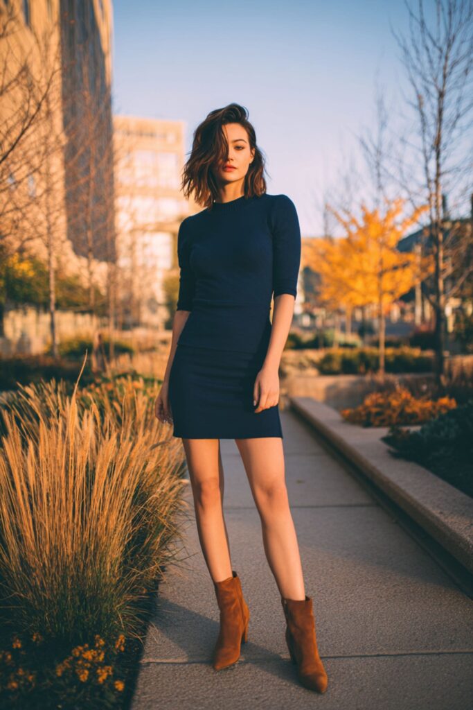 look d'automne robe bleu marine et bottines camel