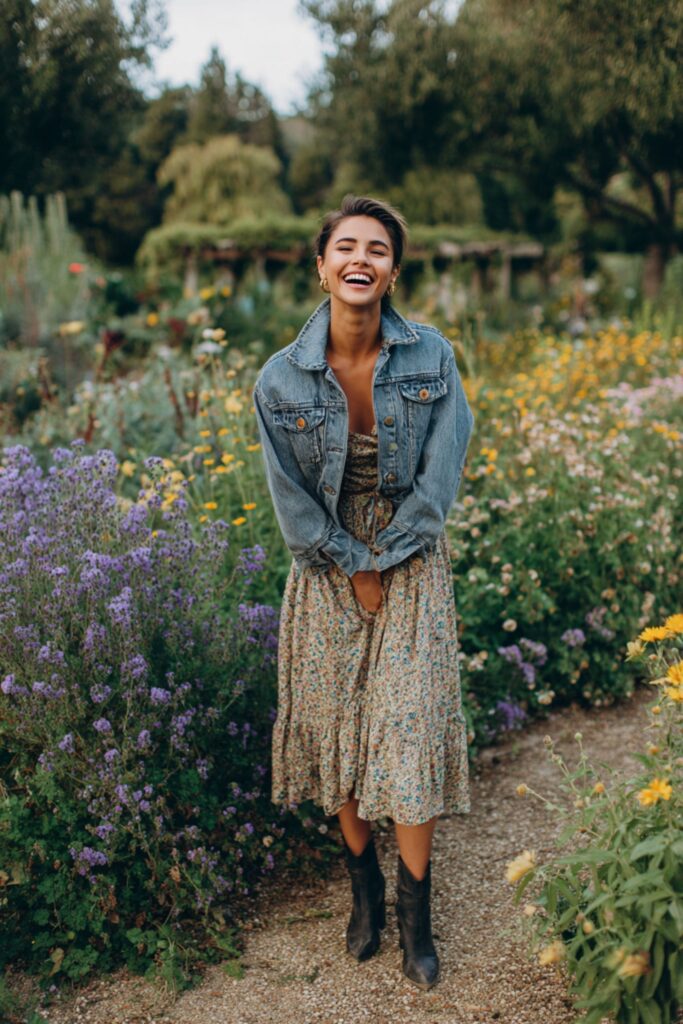 Femme avec une robe longue fleurie et une veste en jean