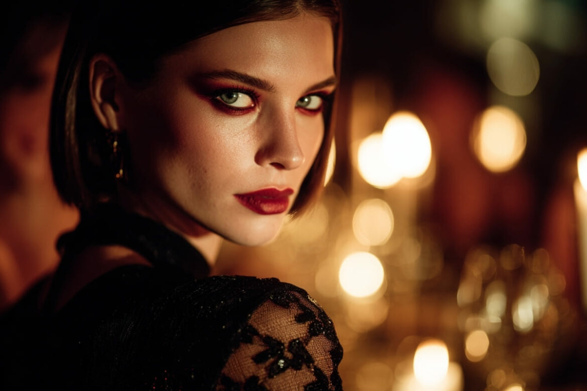 femme avec un maquillage burgundy eyes