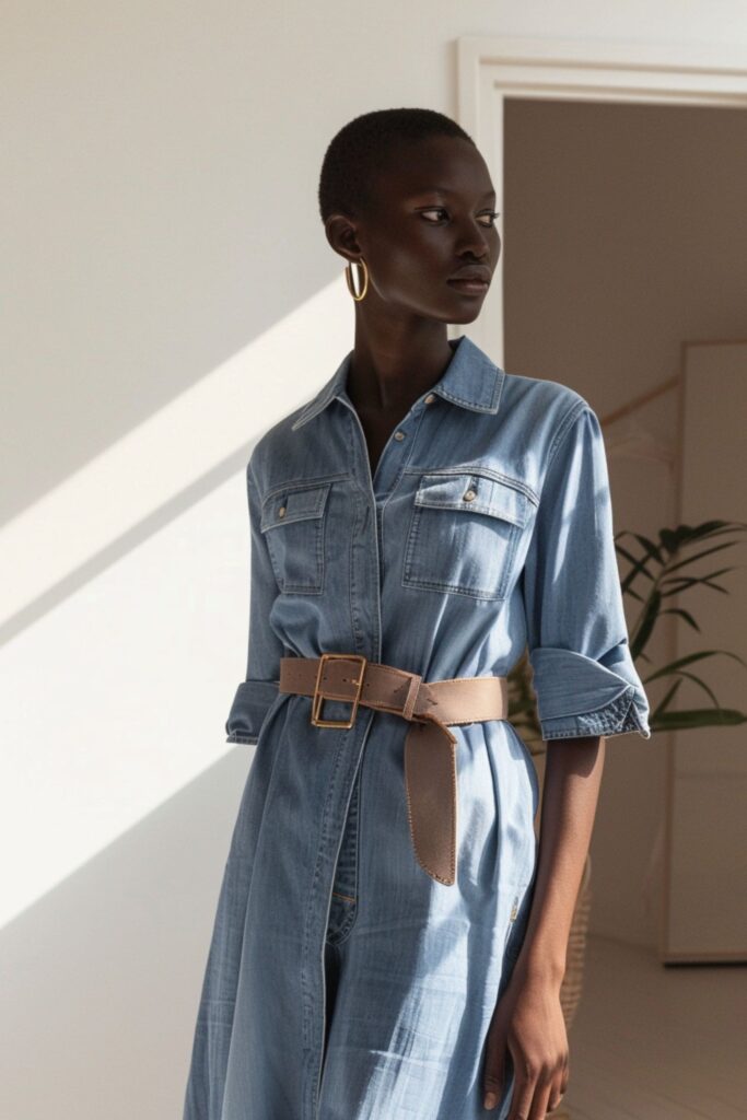 femme avec une robe longue en jean