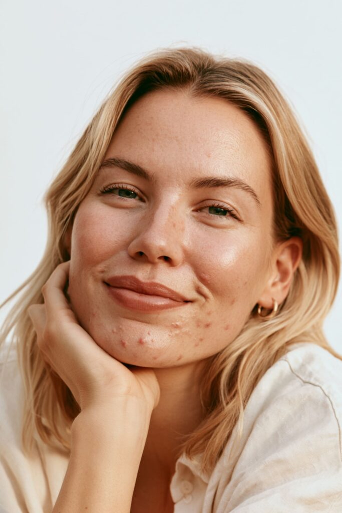 femme adulte blonde avec de l'acné