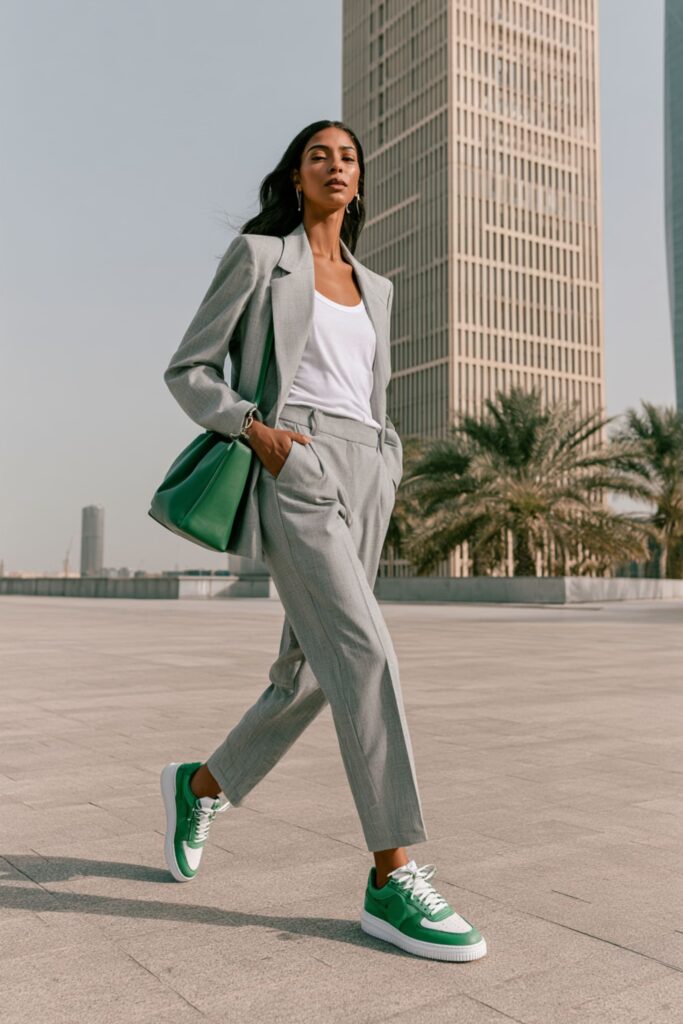 femme en tailleur et baskets colorées