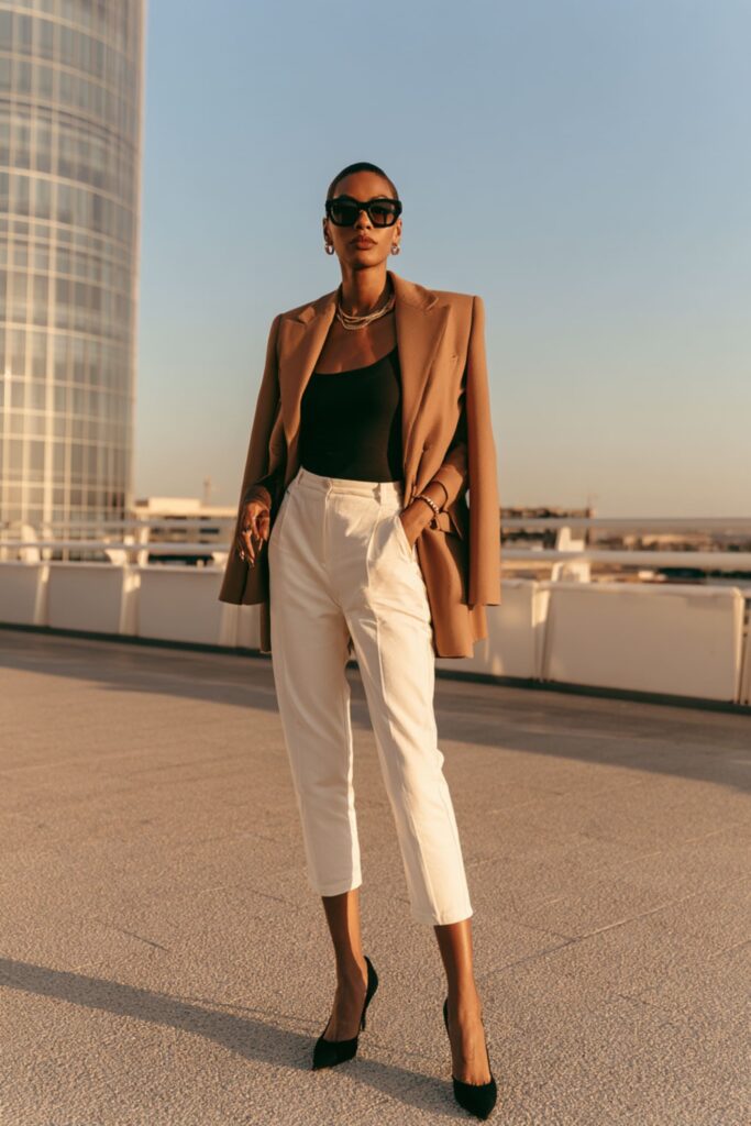 look femme blazer et pantalon blanc