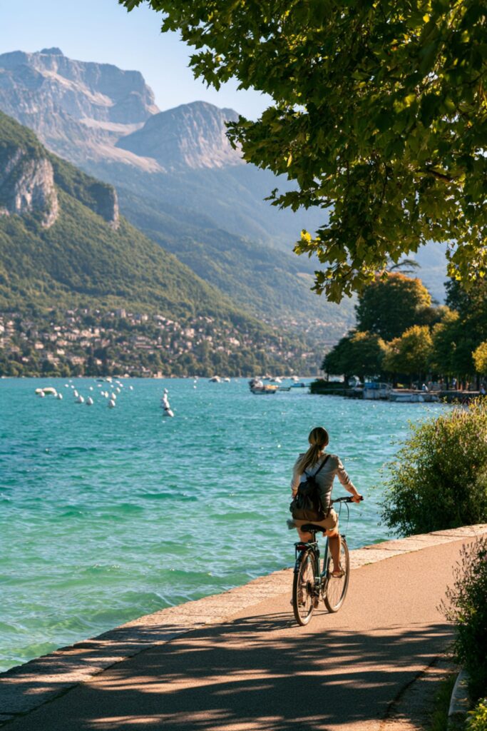 femme faisant du vélo lac d'Annecy