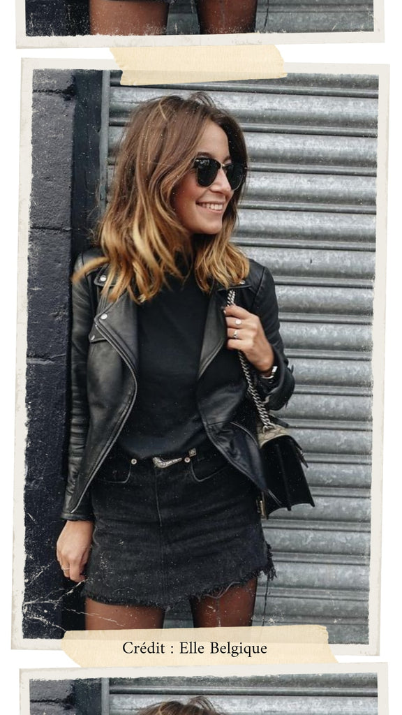 Absolème jupe en jean courte et veste en cuir