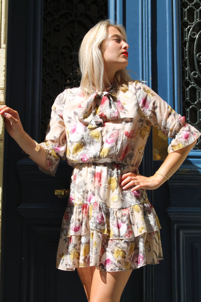 Absolème robe tendance col cravate beige à fleurs