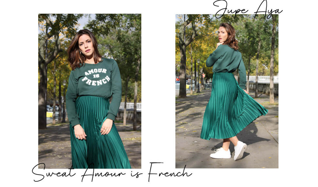 Absolème jupe plissée satin et pull Amour is French