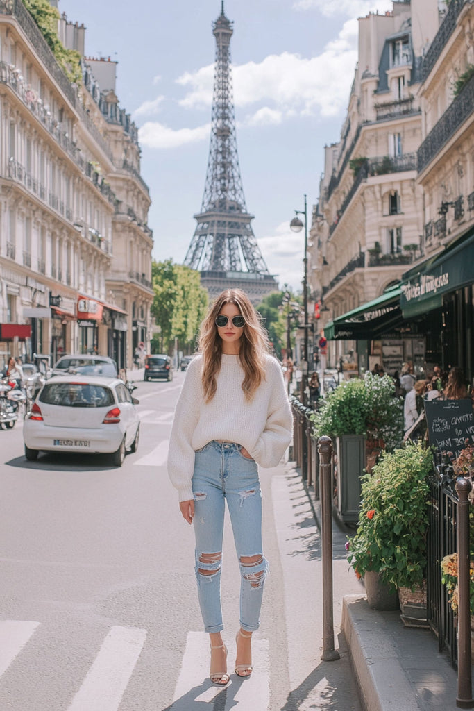 Femme portant un jean destroy à Paris