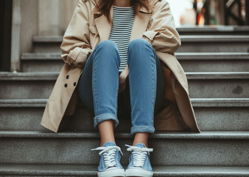 Femme en look casual chic portant des baskets en denim
